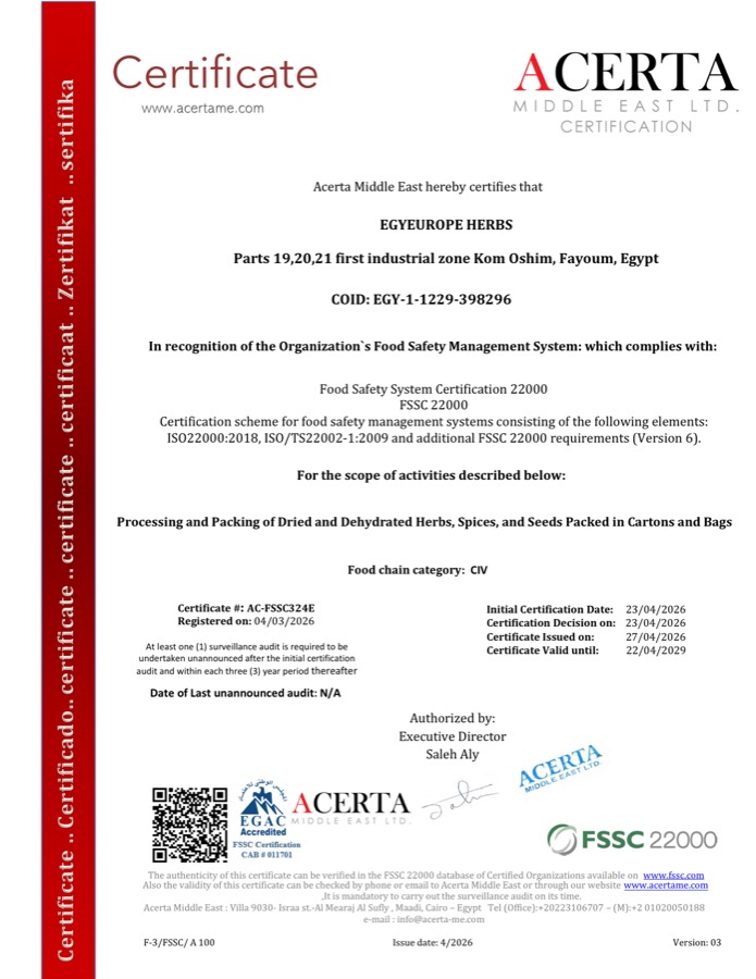 First page of the FSSC 22000 food safety certificate issued to Egyeurope Herbs by Acerta Middle East