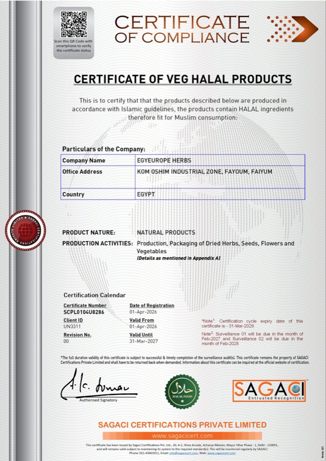 Halal certificate of compliance issued to Egyeurope Herbs by Sagaci Certifications