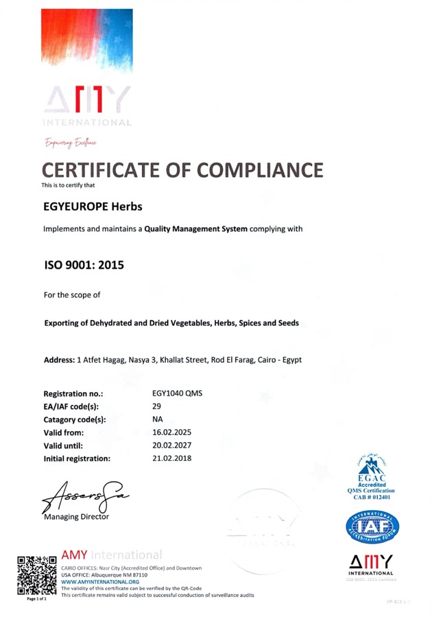 ISO 9001:2015 certificate of compliance issued to Egyeurope Herbs by AMY International