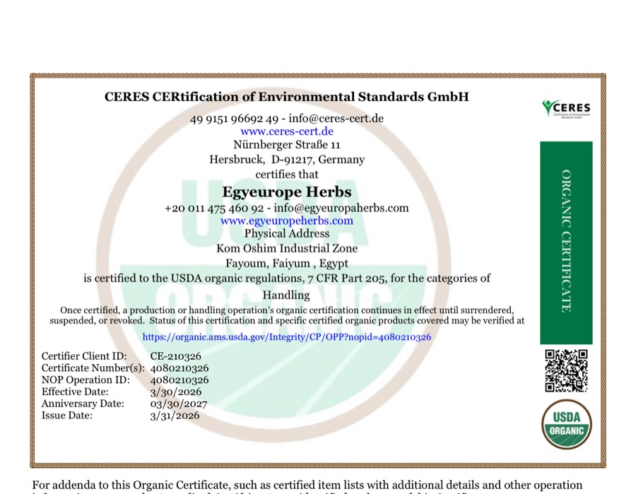 USDA NOP organic certificate issued to Egyeurope Herbs by CERES, bearing the USDA Organic seal