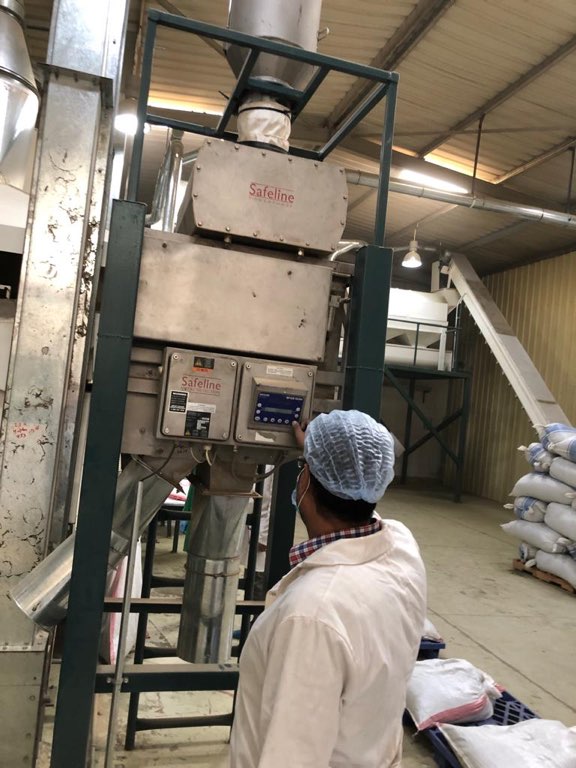 An operator at the control panel of the Safeline metal detector on the packing line, with product feeding in from the hopper above
